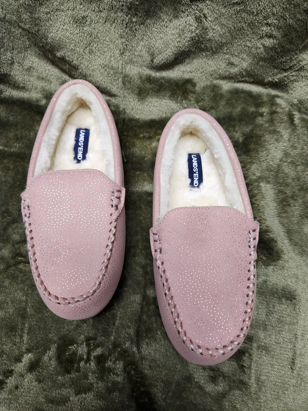 Lands' End Dusty Pink Sparkle Faux-Fur Lined Girl's Moccasins